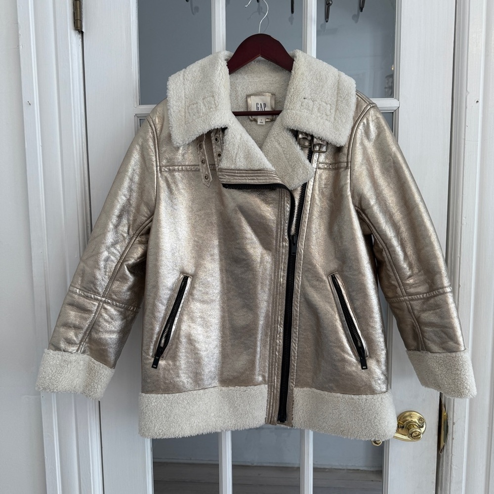 GAP Women's Gold Metallic Asymmetrical Zipper Sherpa Jacket Size M
